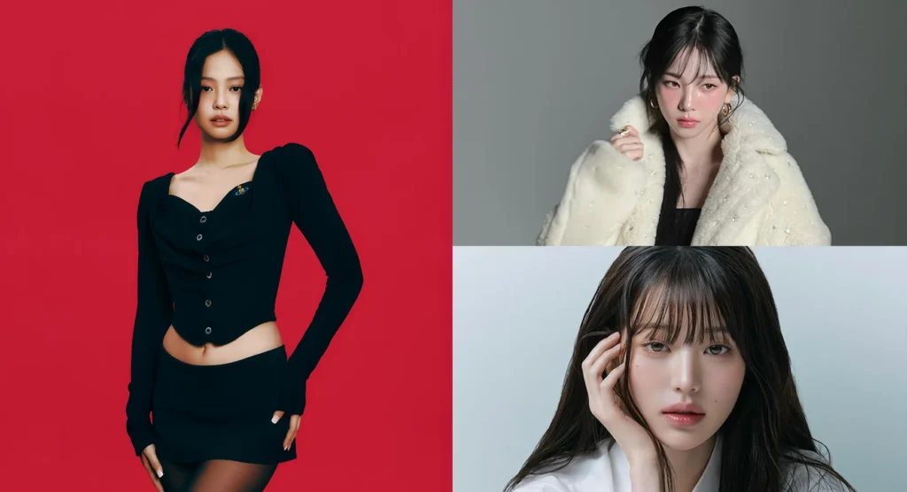 Collage Image featuring Jennie (BLACKPINK), Karina (aespa) and Jang Won-young (IVE)
